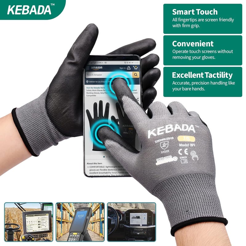 Kebada W1 Work Gloves for Men and Women, PU Coated Safety Gloves with Grip, Touchscreen, Ideal for Warehouse Package Handling, Construction, Gardening, Grey XS - Image 3